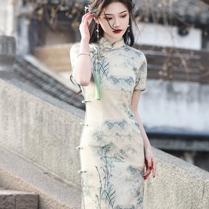 New Summer China Woman Cheongsam, Classic China Printed Landscape Qipao,  S-3XL