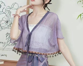 New Rare Design Modern China Hanfu Blouse+Slip Top+Skirt, Anti-UV Jacket for Summer, Art Revival Japan Kimono Style for traveling, Purple