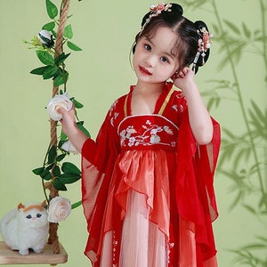 New Arrival 3-14 Years' Gilrs China Hanfu Dress | Half Trumpet Sleeve| Red Tang Embroidery Ru Skirt| Kid Birthday Gift