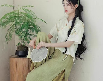 Doveyaf New Rare Design China Hanfu Top+Wide Pants, China Song Dynasty Cultural Art Revival For Summer, Art-Shooting