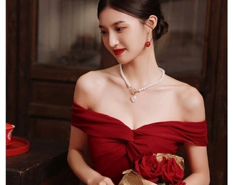 New Design China Wine Red Wedding Cheongsam, Off Shoulder Bow Bridal Lace Qipao Dress, Tea Ceremony Reception Dress, Full Length