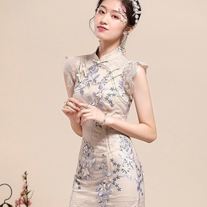 Nieuwe kanten qipao-jurk uit 2023, Chinese cheongsam lente/zomer, effen borduurjurk, grijze kleur