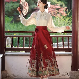 CNY Winter China Hanfu White Top+Skirt, For Brides/CNY/Christmas Outfit, Chinese Red SuitTea Ceremony, Three Skirt Pattern Designs