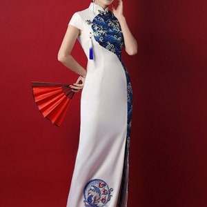 Premium Made Full Length| Vintage China Cheongsam in White mix Blue Stage Display Costume, Bridal/ Host Qipao Gown