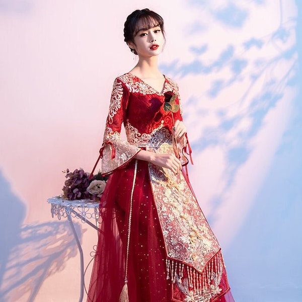 Red Shimmery Fit & Flare Midi Wedding Xiuhe Dress