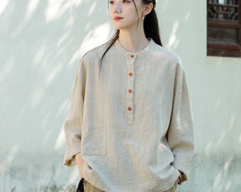 Ramie Leinenmischung Bluse, Stehkragen, China Spring Top