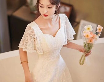 Custom Size Able China Engagement Wedding Cheongsam, Chinese Bridal Qipao Lace gown White & Champage or Red Trumpet Sleeves, Suits Petite