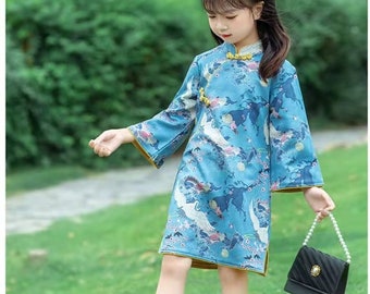 Spring Chinese Kid's Qipao dress & Cheongsam, Girl Tang Suit, Trumpet Sleeves, to knee, Literary Girl's Costume, 90-140cm High Fits