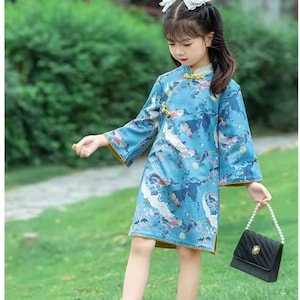 Spring Chinese Kid&#39;s Qipao dress & Cheongsam, Girl Tang Suit, Trumpet Sleeves, to knee, Literary Girl&#39;s Costume, 90-140cm High Fits