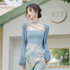 Modern China Hanfu Suit《如梦令》Jointed Slip Dress+Blue Knited Jacket, Anti-UV Hanfu Dress 2 pieces Art Revival Girls Costume