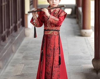 Little Boy's Chinese Swordsman Hanfu Robe, Dress+Ribbon Christmas/CNY Celebration China Costume, Golden Pattern Prince Kungfu Suit, 3 Design