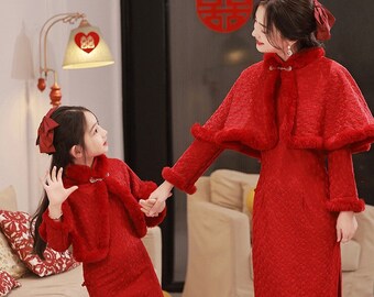 Chinese CNY Spring/Winter Parent-Child Red Outfit, Chinese Modern Qipao Dress with Detachable Cape, 2 Pieces Anti Cold