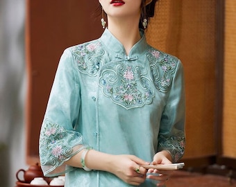 Premium High Class China Loose Cheongsam Dress, Vintage Lady Tea Ceremony Gauze Dress, Embroidery Floral Yarn Dress, Green Color