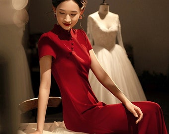 Red Chinese Wedding Qipao Dress, Tea Ceremony, Prom Gown