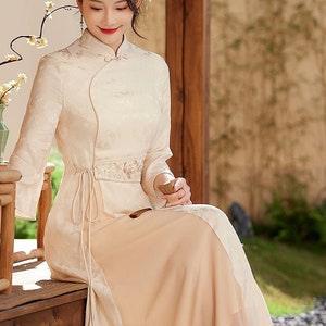Modern China Loose Cheongsam Aodai, Vintage Lady Tang Qipao Dress, Tea Ceremony Prom, Daily Wear Embroidery Floral, Color Blue & Beige