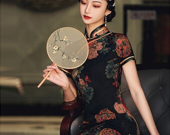 Vintage China Cheongsam in Black, Classic Jacquard Flower Full Length Qipao,Tea Ceremony, Prom dress, Bridesmaid Dress, Gift for Mother