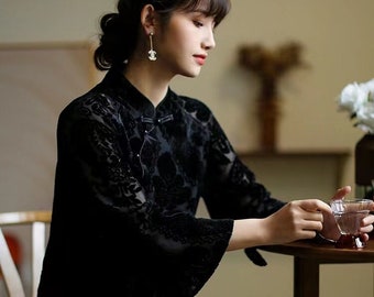 Blusa Cheongsam chinesa para primavera e outono, blusa Hanfu estilo Tang, camisa para cerimônia do chá, tecido de veludo jacquard tradicional, pankou com abertura lateral.
