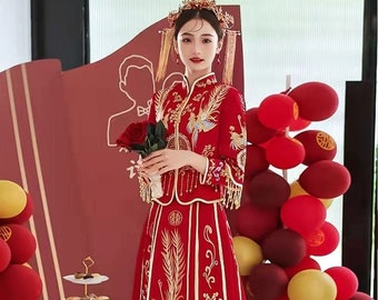 Traditional Chinese Bride and Groom's Red Wedding Xiuhe Dress, 彩霞 Embroidery Phoenix Xi 双喜zi, Dress Top and Skirt, 2 Piecetang Wedding Suit - Etsy Traditional Chinese Bride and Groom's Red Wedding Xiuhe Dress, 彩霞 Embroidery Phoenix Xi 双喜zi, Dress Top and Skirt, 2 Piecetang Wedding Suit - Etsy