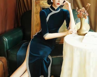 Traditional China Velvet Cheongsam Classic Winter Old Shanghai Blue Qipao Full Length Tea Ceremony Prom Dress Chinese Spring Festival Etsy