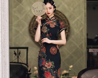 Vintage China Cheongsam in Black, Classic Jacquard Flower Full Length Qipao,Tea Ceremony, Prom dress, Bridesmaid Dress, Gift for Mother