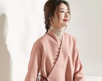 Traditional China Tang Dynasty Jacket for Autumn/ Winter, Chinese Crossed Chest Button Closure, Hanfu Style Cotton  Woman Top, Green