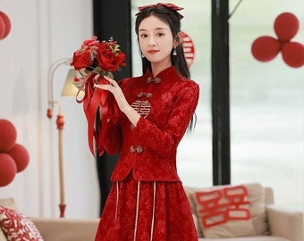 Traditional Chinese Bridal Red Tang Gown Suit Top+ Skirt, Wine Red Bride Wedding Dress,Tassel Decor Mid Calf &Full Length Short/Long Sleeves