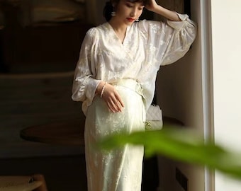 Rare premium Design China Hanfu White Top+Green Cultural Skirt, V-Neck Blouse, Elegant Han Skirt, Solid Emboridery Flowers