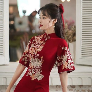 Traditional Chinese Bridal Red Qipao Gown, China Bride Wedding Dress, Evening Toast Suit, With Xi囍 Tassel, Classical Embroidery,Red & White