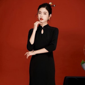 2024 New Year Design Autumn Winter Elegant Black Cheongsam Dress, Mermaid Shape, Premium Satin Material, Gown Dress