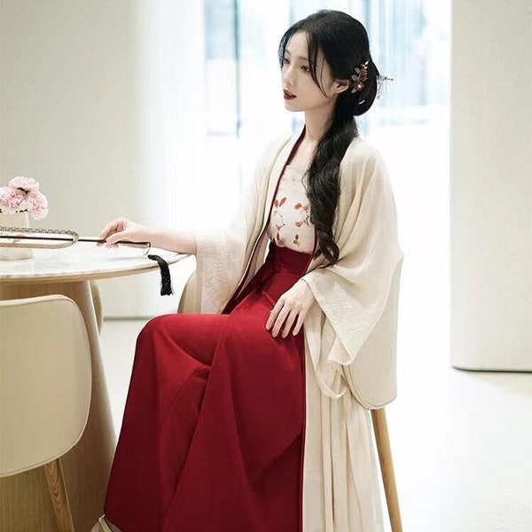 Doveyaf New Sexy Modern China Hanfu Jacket+Slip Top+Skirt; Summer Fall Costume, Art Revival Japan Kimono Style for traveling Red & Blue;