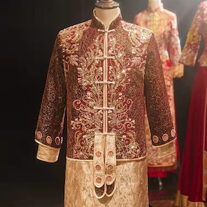Traditional Chinese Bridegroom Brown Red Wedding Xiuhe Dress, Golden Skirt ,Jacket Top and Skirt 2 Pcs Tang Groom 中式 Wedding Longfen gown囍