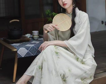 Novo design de blusa Cheongsam chinesa e saia em formato A, traje Tang chinês, cerimônia do chá, estampa de folhas de bambu, linho misto.