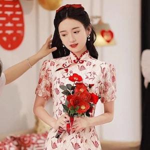 Premium Cut China Bride Red Pattern in White Lace Wedding Qipao Gown, Engagement Dress, Mermaid Shape Mid-Calf Length, Custom Made Able