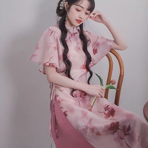 New Design Modern China Qipao Dress, Spring Summer Aodai Qipao Dress, Trumpet Sleeves Pink