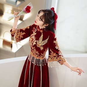 Custom Size Available Traditional Chinese Bridal Red Qipao Gown, China Bride Xiuhe Wedding Dress, Full Length 敬酒服, Classical Embroidery
