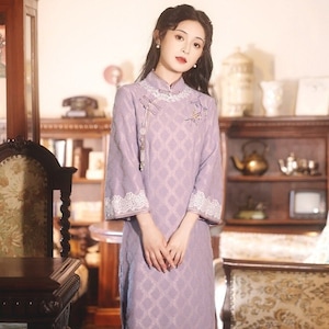 New Design Fall Vintage Light Purple Lace Cheongsam, Trumpet Sleeves gown dress, China Qipao Full Length, Elegant Lady tea ceremony