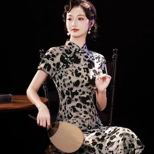 New Summer Classic Leopard Pattern Chinese Cheongsam Dress, White Mixed Black Color, Elegant Woman Size S-4XL, Mother Gown Dress