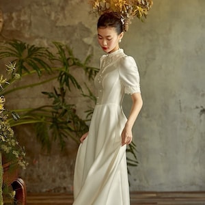 Doveyaf New Design French Bridal Light Wedding Dress, White Bride Satin Dress, Cheongsam Style, Floor Tail Solid Cutting, Pearl Lace Decors