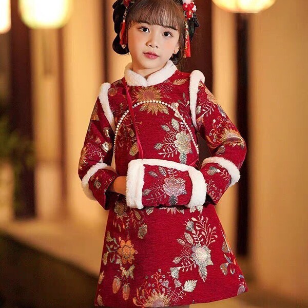 Nouveau costume de petite fille chinoise CNY Tang, robe + sac de lapin, costume de fête du printemps, broderie de fleurs 110 ~ 160 cm, rose/rouge