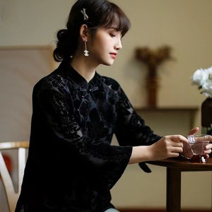 Spring Autumn China Cheongsam Top, Chinese Tang Suit Hanfu Blouse,Tea Ceremony Shirt, Traditional Jacquard Velvet Fabric, Side Open Pankou