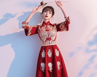 New Design Traditional Chinese Bridal Red Xiuhe Dress, Wedding Qipao Gown, Reception Gown,Embroidery Mid-Calf, Big Skirt For Maternity