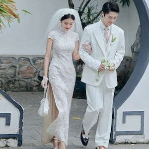 China HK White Lace Bridal Qipao Dress, Engagement Gown Dress, High Collar with Pearl Decoration, Full Length, Engagement Gown Dres