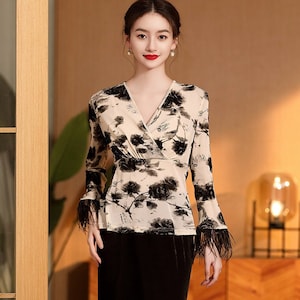 Premium Made Autumn Winter Woman Blouse Top, Stretchy V-NECK Rose Pattern Undershirt, Long Hairy Sleeves. Beige/Black/Pure Black