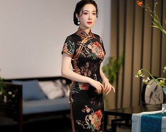 Vintage China Cheongsam in Black, Classic Colorful Flower Knee Length Qipao, Mother Gown Tea Ceremony, Prom dress, Gift for Mother