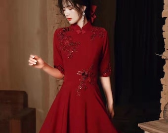 Custom size Able Chinese Bridal Red Qipao Gown, China Bride Wedding Dress, Evening Toast Suit, Classical Embroidery, Mid-calf & Full Length