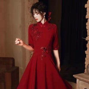 Custom size Able Chinese Bridal Red Qipao Gown, China Bride Wedding Dress, Evening Toast Suit, Classical Embroidery, Mid-calf & Full Length