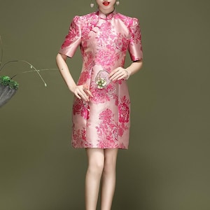 women's light pink chinese dress Womens ZYHT 80209 Cheongsam Qipao Chinese Dress Modern Pink Lace Slit Dress Short Sleeve Elegant Floral Women Dress Light Green/Pink Loose A Line