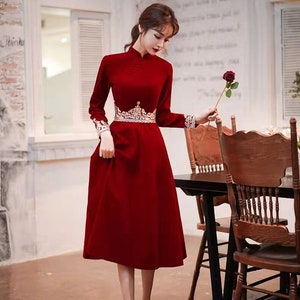 Custom size Able Chinese Bridal Red Qipao Gown, China Bride Wedding Dress, Evening Toast Suit, Classical Embroidery, Mid-calf & Full Length