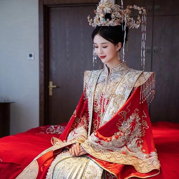 New Design Traditional Han Dynasty Wedding Bridal Gown, 韩妃 Chinese Red Xiuhe 凤冠霞披- Embroidery Top and Skirt,Tang Wedding Bridal