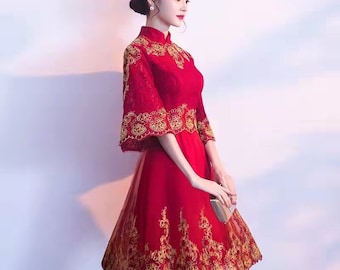 Doveyaf Traditionelles Chinesisches Brautrotes Qipao-Kleid, China-Braut-Hochzeitskleid, Abend-Toastanzug, klassische Stickerei, über dem Knie & lang